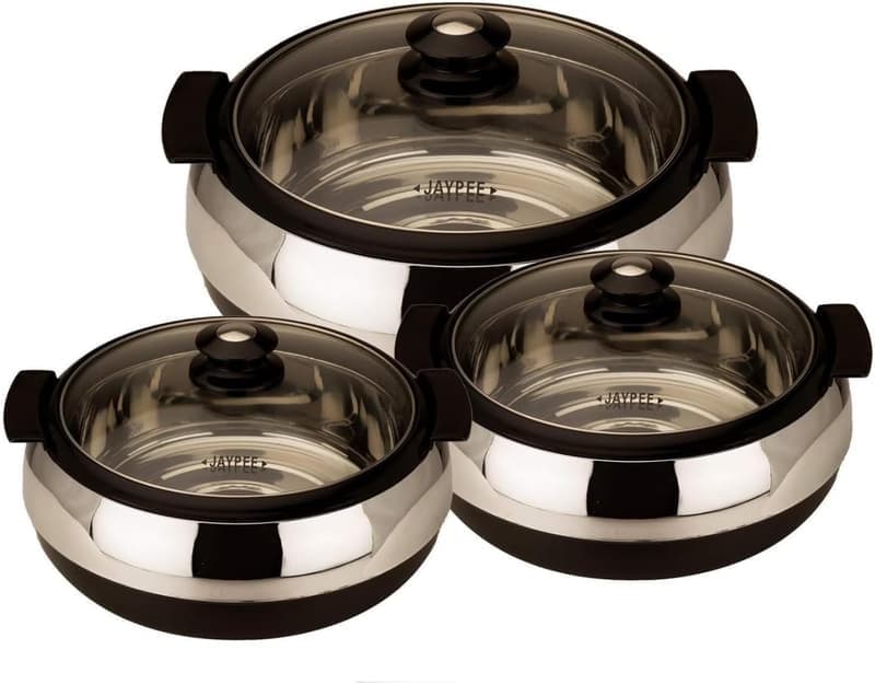 Glasserol Serving Casserole Set, 3 Pieces, Stainless Steel, Glass Lid, 800, 1200, 1700 ml, Black β image 1