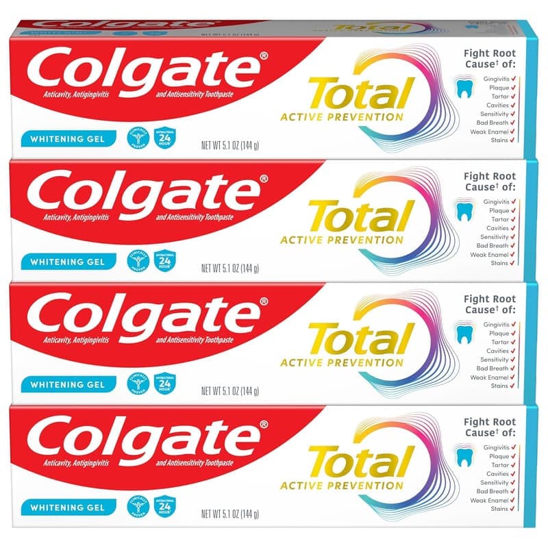Colgate Total Active Prevention Whitening Gel Toothpaste with Fluoride, Clinically Proven Plaque & Bacteria Protection, Fresh Mint, 5.1 oz Each (Pack of 4) β image 1