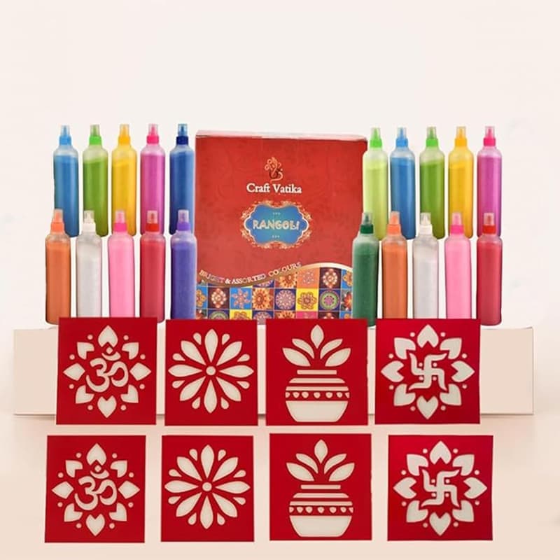 CraftVatika 20 Rangoli Colours Bottles Powder Tube Kit with 8 Paper Rangoli Stencils for Diwali Decor Items, Diwali Decoration Items Rangoli Maker for Rangoli Making Tools Kit, Pooja Decoration Items β image 1