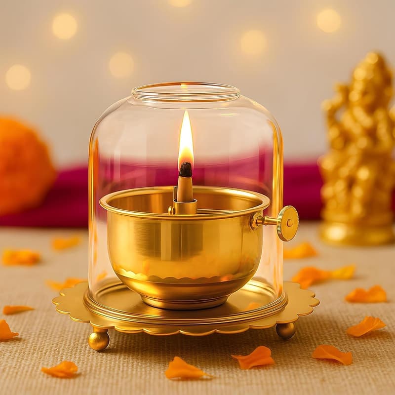 Kuber Industries Brass Akhand Jyoti Diya Oil Lamp with Adjustable Bati Knob | Lifting Screw Wick Holder & Borosilicate Glass Cover | Large Size, 150 ml Oil Capacity, Stay Lit for 48 Hours | Golden β image 1