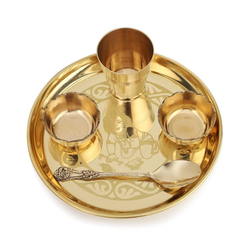 Pooja Thali Set Brass Small 7 Inch Laddu Gopal Bhog Thali for Janmashtami Decoration Puja Item Festival Puja Krishna Bhog Thali Set for Home Office Mandir Return Gift Items β image 1