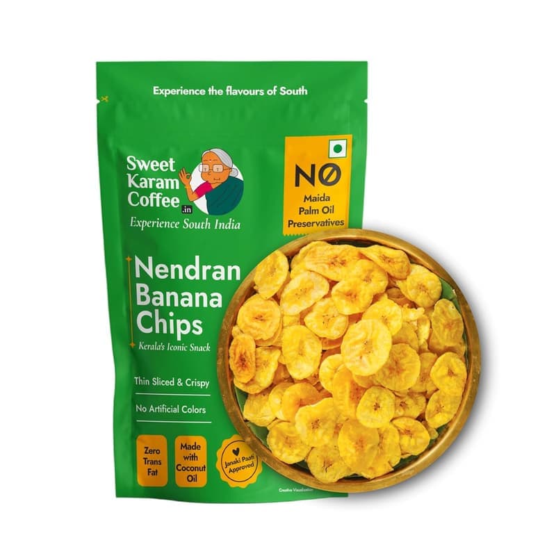 Sweet Karam Coffee Nendran Banana Chips – 200 grams | Made with 100% Coconut Oil | No Preservatives | Kerala Special Crispy, Thin Sliced Yellow Plantain Wafers | Healthy Tea Time Snack — image 1