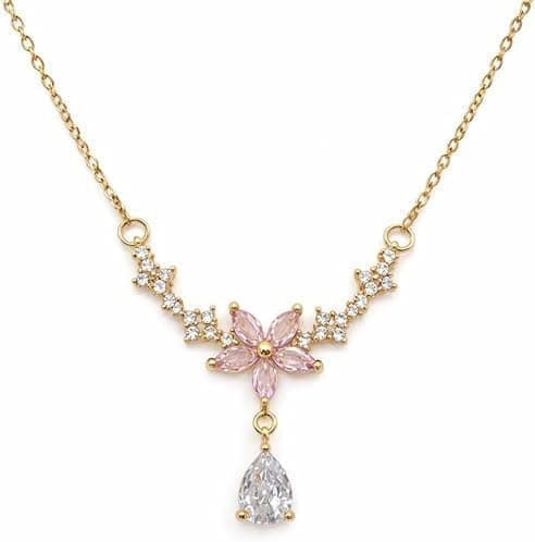 Gold Finish Pink & White Birthstone Floral Pendant Necklace for Women | Adjustable Chain | Valentine's Day Jewelry Gift — image 1