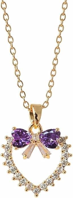 18K Gold Plated Heart Pendant Necklace with Purple Bow & Crystal Embellishments | Adjustable Chain | Women's Jewelry for Gifting — image 1