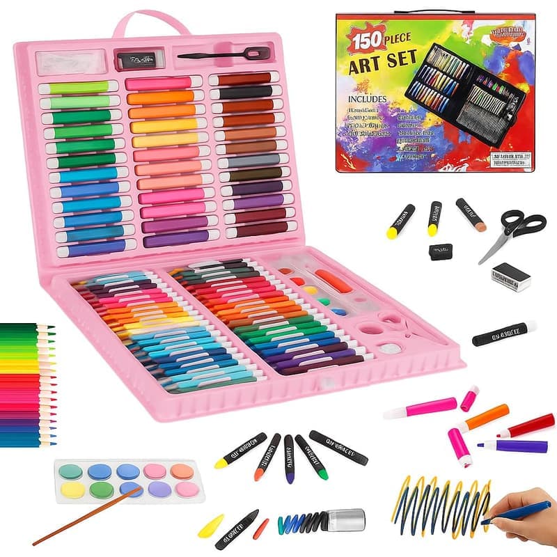 WISHKEY 150 Pieces Art Set for Kids with Case, Art and Craft Supplies Kit for Drawing and Painting, Color Set with Markers, Water Colors, Brush, Color Pencils, Crayons (Pack of 1, Pink) β image 1