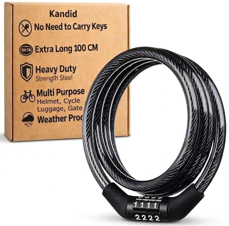 Kandid Multi-Purpose Keyless Helmet Lock for Mens Bike Cycle , Extra Long 8mm Thick , 4 Digit Combination Lock Without Key Tension Free Bicycle Number & Cable Lock Stainless Heavy Duty β image 1