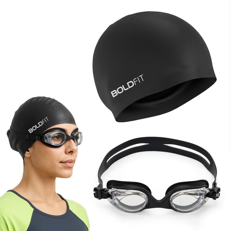 Boldfit Swimming Cap & Goggles Set for Men & Women - Silicone Cap & Anti-Fog Goggles - Black — image 1