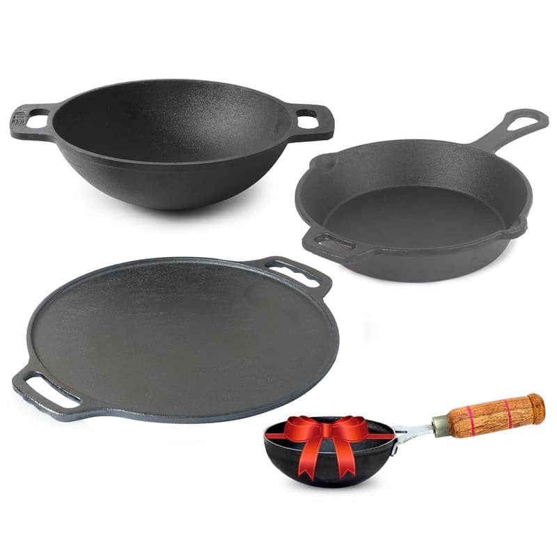 The Indus Valley Pre-Seasoned Cast Iron Cookware Set+ Free Tadka Pan,Tawa (30.5 Cm)+ Kadai (25.4 Cm/2.3L)+ Fry Pan (23 Cm/1.4L),Kitchen Cooking Combo Pots & Pans Set of 4Pcs,Naturally Nonstick Black β image 1