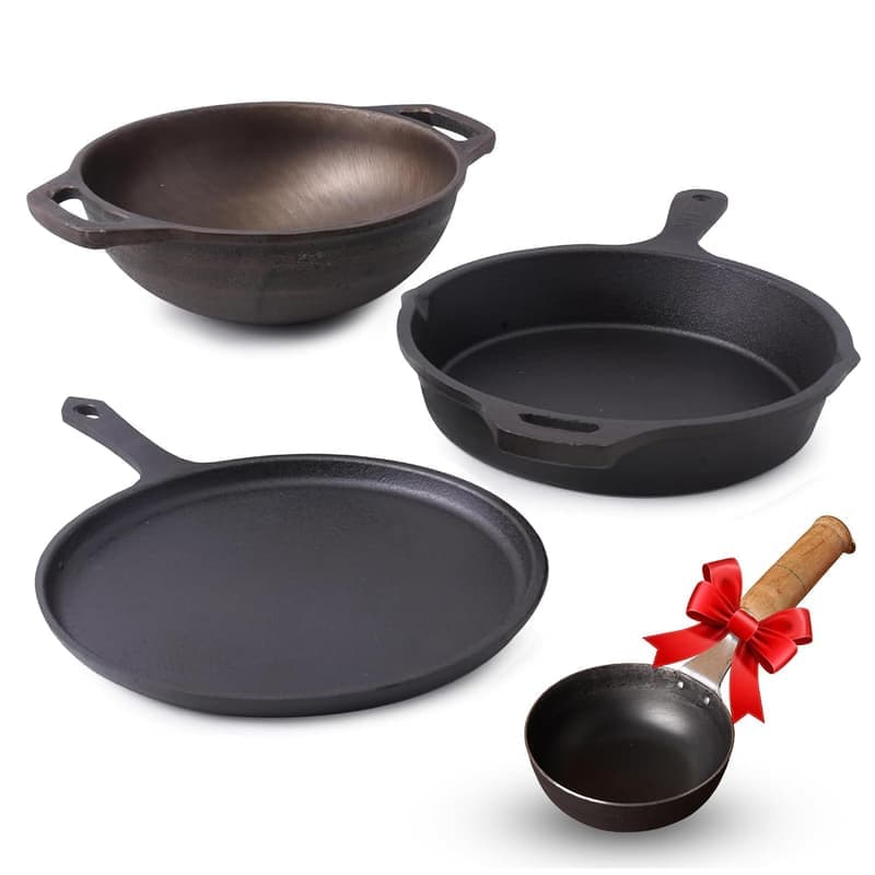 The Indus Valley Pre-Seasoned Cast Iron Cookware Set , Tawa(25.2cm), Fry Pan (25cm), Wok Model Kadai (20.8cm) & Tadka Pan (16.4cm) , Kitchen Cooking Combo Pots and Pans Set of 4Pcs Black β image 1