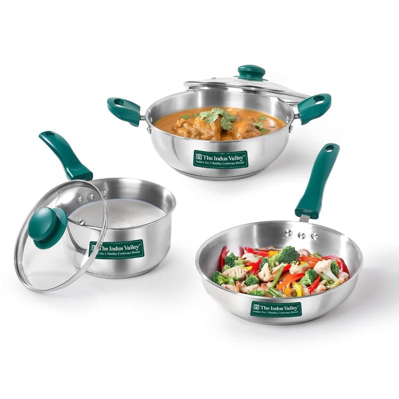 The Indus Valley Stainless Steel Heavy Impact Bonded Triply Bottom Kadai-22cm/8.6inch, Frypan-22cm/8.6inch, Saucepan-16cm/6.3inch , Induction Bottom , Kitchen Cooking Combo Pots & Pans Set of 5 β image 1