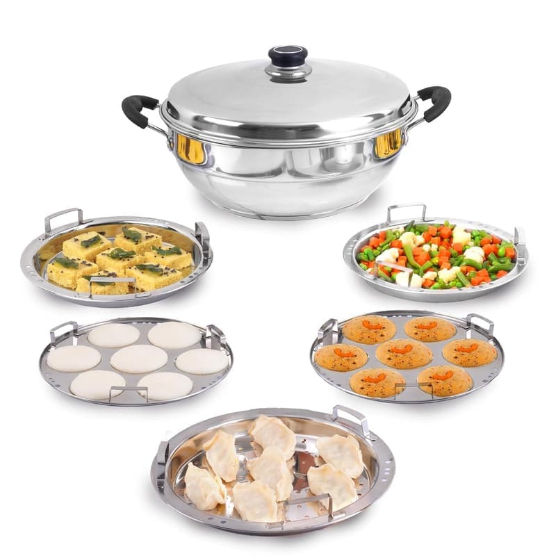 The Indus Valley Stainless Steel Idli Maker/Momo Maker/Multi Kadai/Steamer Set,Large, 5 Plates, 2 Idli,2 Dhokla,1 Steamer,29Cm/11.3 Inch, 4.2Ltr, 2.5Kg,3-Layer Thick Bottom,Induction Friendly β image 1