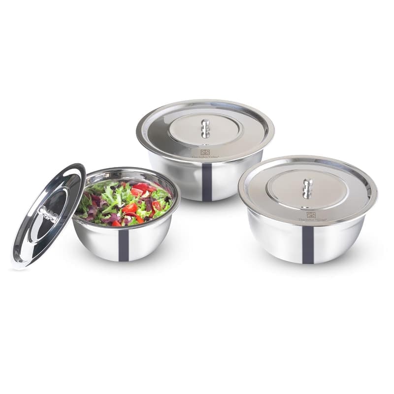 The Indus Valley Stainless Steel Mixing Bowl with Lid - Set of 3Pcs (0.7L, 1L, 1.3L) , Salad, Fruit Bowl, Serving Bowl, Katori Set, Bowl Set , 100% Toxin-Free, No Chemical Coating β image 1