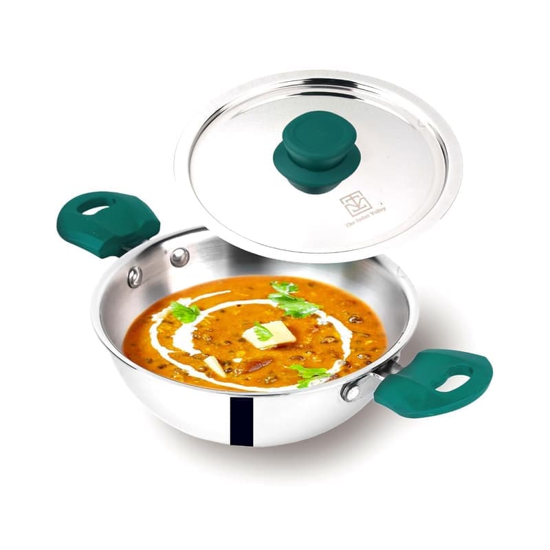 The Indus Valley Triply Stainless Steel Kadai/Kadhai with Green Handle , 24cm/9.4 inch, 3Ltr, 1.6kg , Induction Friendly , Nonstick 3-Layer Body, 100% Toxin-Free, No Chemical Coating β image 1