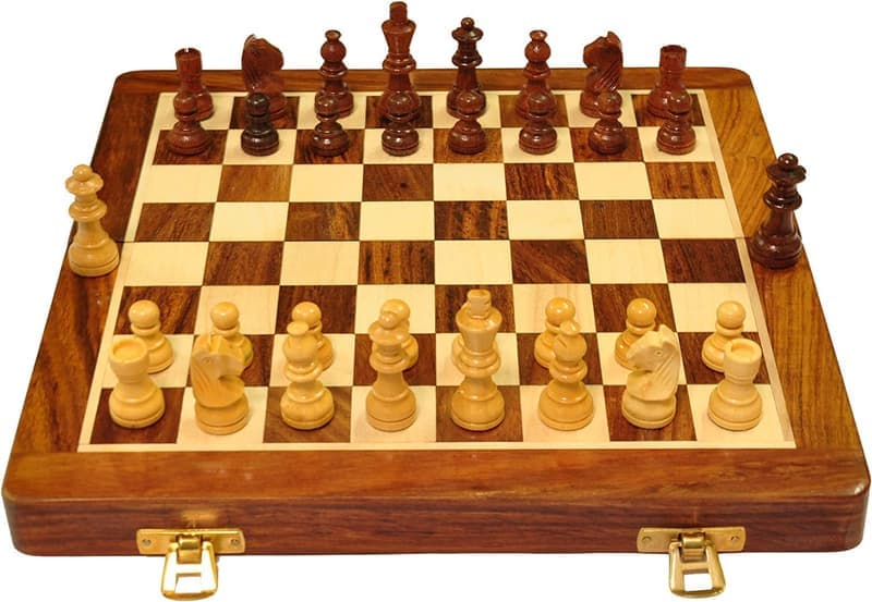 PALM ROYAL HANDICRAFTS 10 Inches Wooden Handmade Foldable Magnetic Chess Board Set with Magnetic Pieces and Extra Queens for 2 Players Kids and Adults (10x10 Inches, Brown) β image 1
