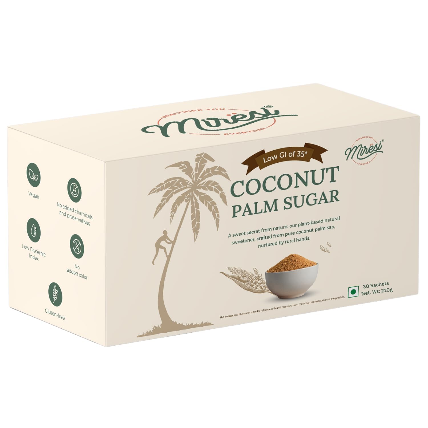 Miresi Organic Coconut Palm Sugar Sachets, Natural Sweetener, No Preservatives, 30 Count, 7g Each Pack of 2