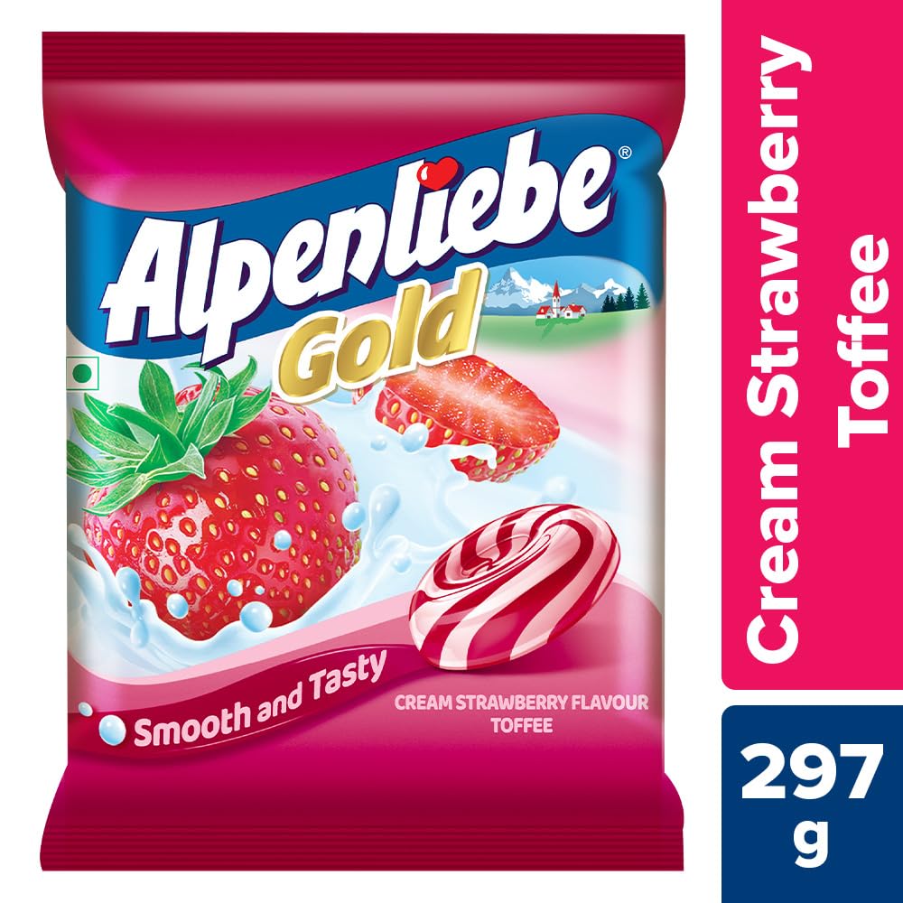 Alpenliebe Gold Cream Strawberry Flavoured Candy Pouch | Rich Creamy Toffees | 90 Pieces | 297 g