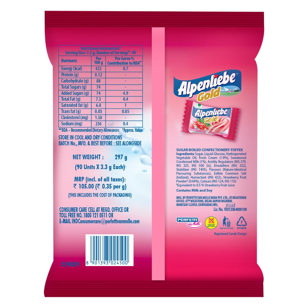 Alpenliebe Gold Cream Strawberry Flavoured Candy Pouch | Rich Creamy Toffees | 90 Pieces | 297 g