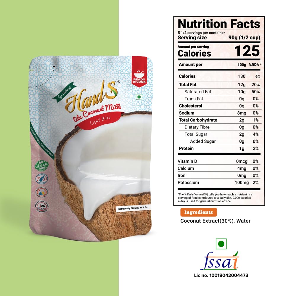 HandS Organic Lite Coconut Milk 12% Fat | Dairy-Free & Plant-Based | Vegan & Keto Friendly | No Preservatives | Ideal for Smoothies, Shakes, Cooking & Baking - 500ml x Pack of 2