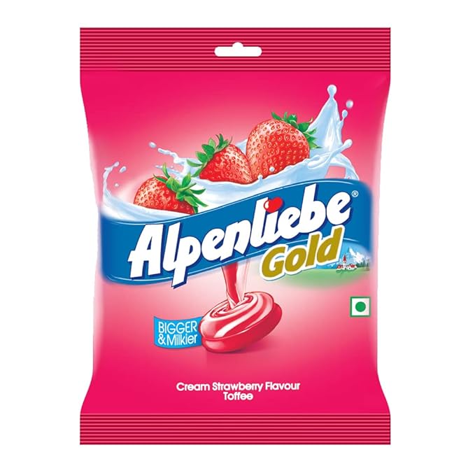 Alpenliebe Gold Cream Strawberry Flavoured Candy Pouch | Rich Creamy Toffees | 90 Pieces | 297 g