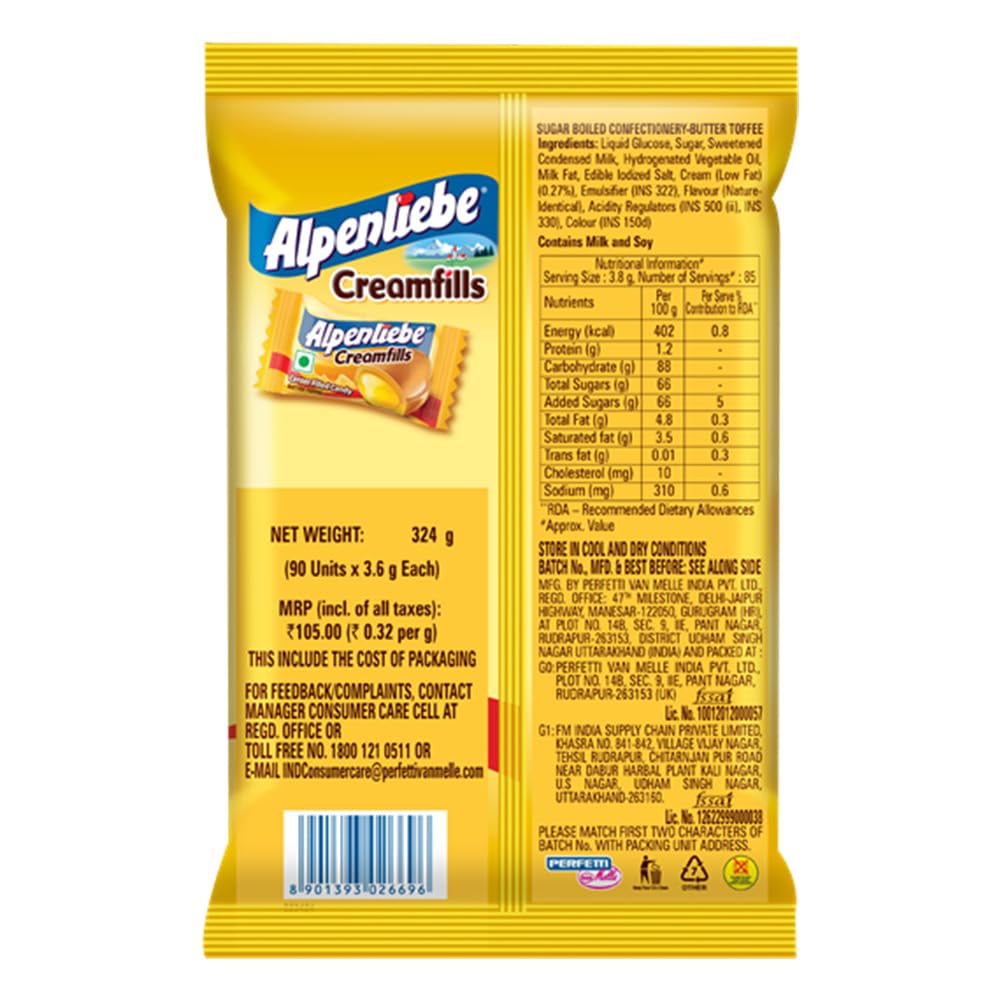 Alpenliebe Creamfills Chocolate Filled Soft Candies | Rich Creamy Center | 90 Pieces Pouch, 324g