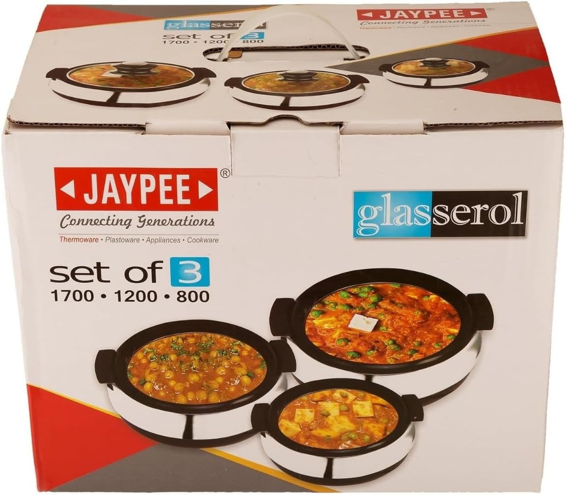 Glasserol Serving Casserole Set, 3 Pieces, Stainless Steel, Glass Lid, 800, 1200, 1700 ml, Black