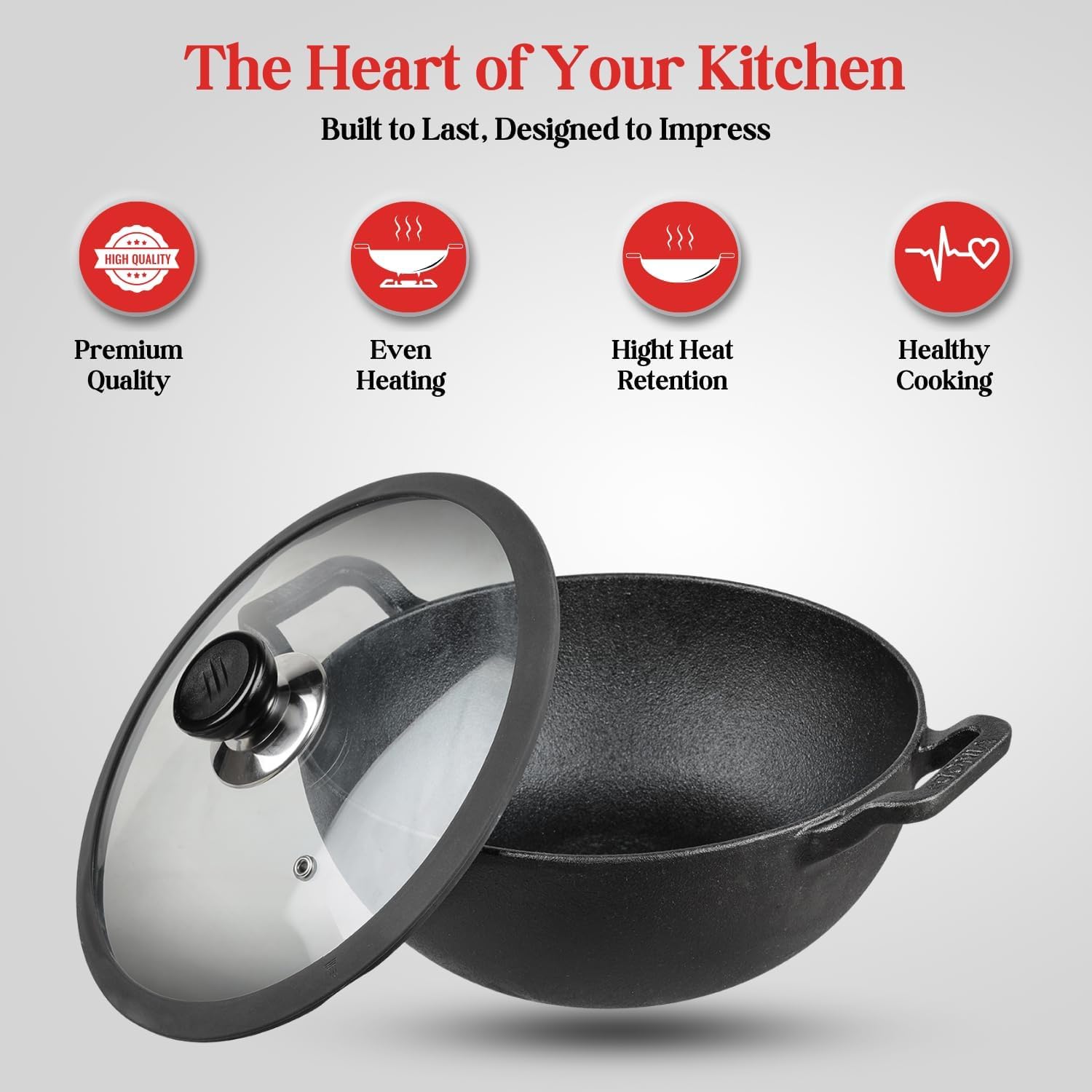 Legacy Pre Seasoned Cast Iron Kadai with Glass Lid, 2.4 liters, 22 cm, Non Stick, 100% Pure, Toxin Free, Safety Sleeve, Rust Proof