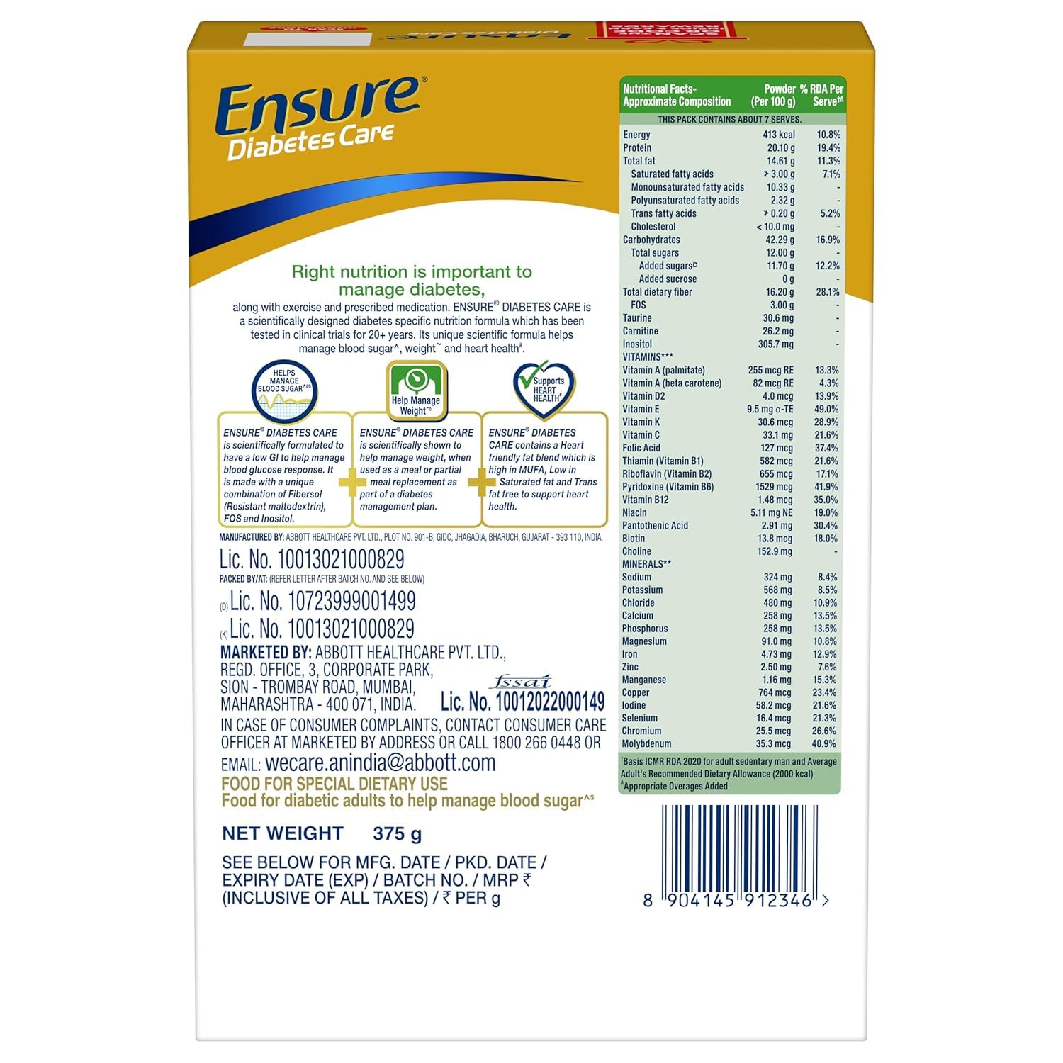 Ensure Diabetes Care Chocolate Nutrition Drink Powder for Blood Sugar Management, High Fiber & Protein, 36 Nutrients, 400g Each Box | Pack of 2