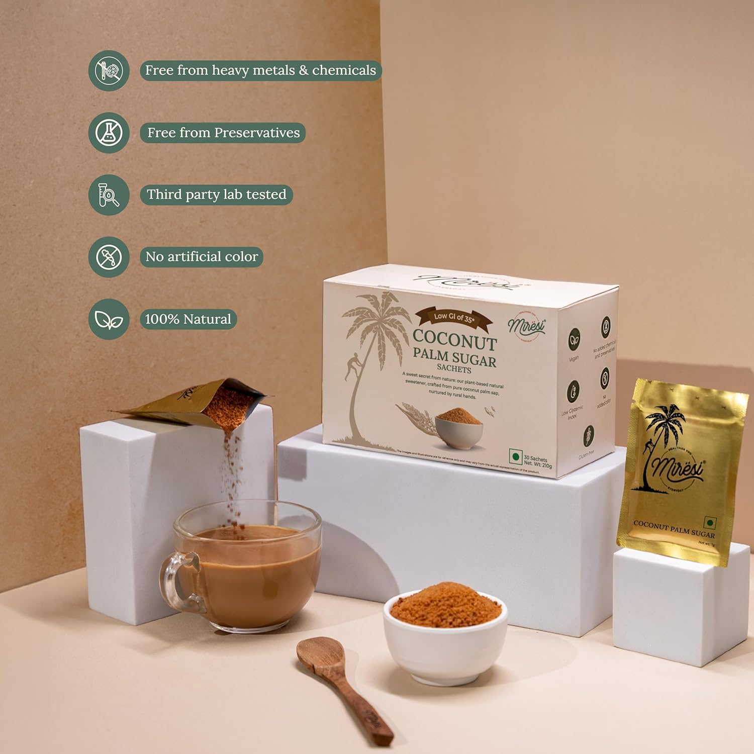 Miresi Organic Coconut Palm Sugar Sachets, Natural Sweetener, No Preservatives, 30 Count, 7g Each Pack of 2