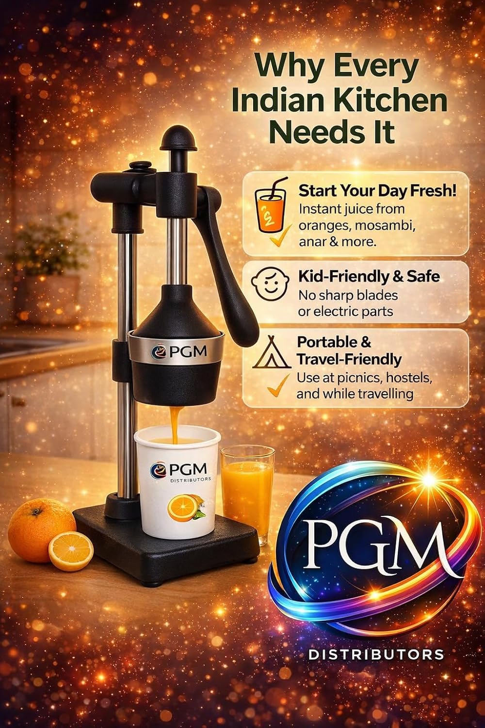 Juice Pro Black Aluminum Hand Press Citrus Juicer, Big, Black, 100% Made in India