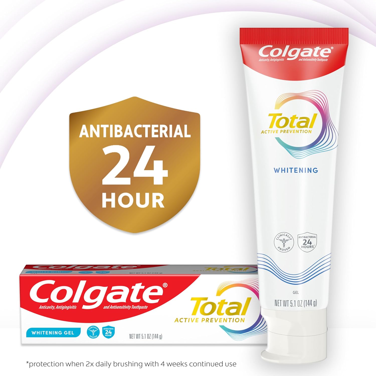 Colgate Total Active Prevention Whitening Gel Toothpaste with Fluoride, Clinically Proven Plaque & Bacteria Protection, Fresh Mint, 5.1 oz Each (Pack of 4)