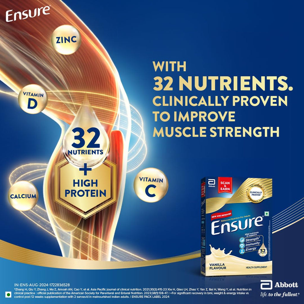 Ensure No 1 Nutritional Supplement Drink in the world, 32 nutrients High Protein,Calcium,Vit D, Vanilla 950g/1kg, Wt may vary, Powder, 1 count, 35 servings
