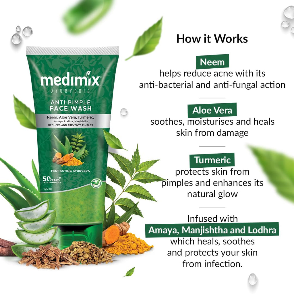 Medimix Ayurvedic Anti Pimple Face Wash (3.5*oz) 100 ml | With Neem, Aloe Vera, and Turmeric | Helps reduce & prevent pimples | Natural | Herbal | Paraben-free | Soap-free |