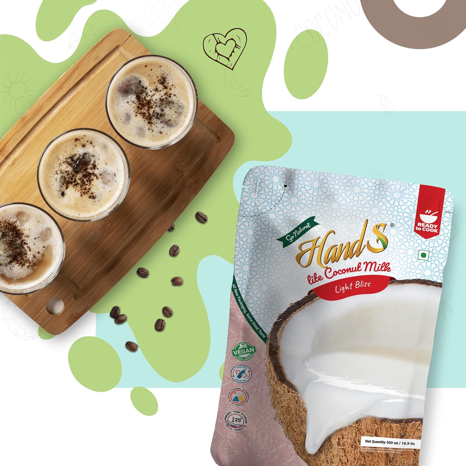 HandS Organic Lite Coconut Milk 12% Fat | Dairy-Free & Plant-Based | Vegan & Keto Friendly | No Preservatives | Ideal for Smoothies, Shakes, Cooking & Baking - 500ml x Pack of 2