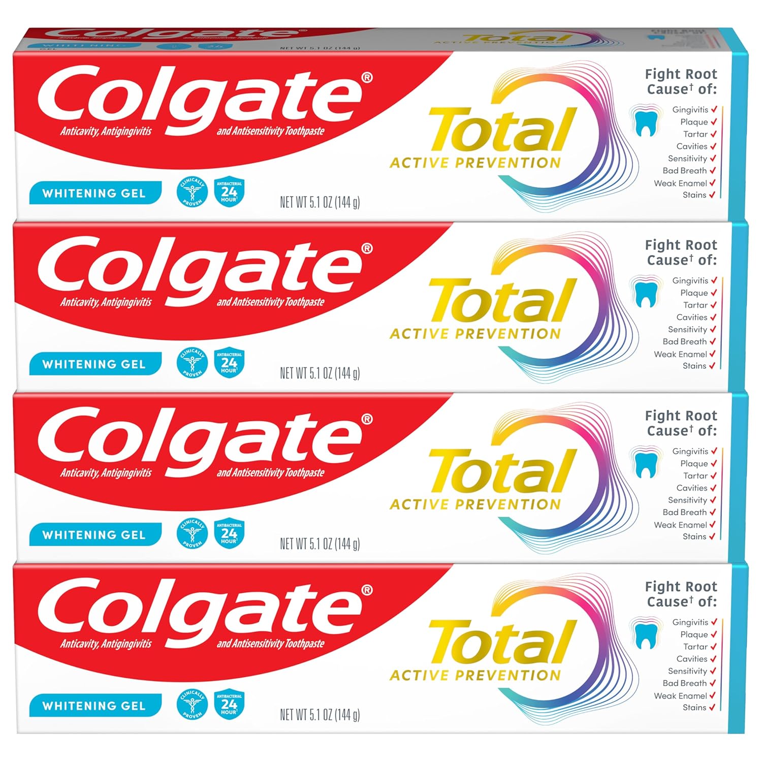Colgate Total Active Prevention Whitening Gel Toothpaste with Fluoride, Clinically Proven Plaque & Bacteria Protection, Fresh Mint, 5.1 oz Each (Pack of 4)