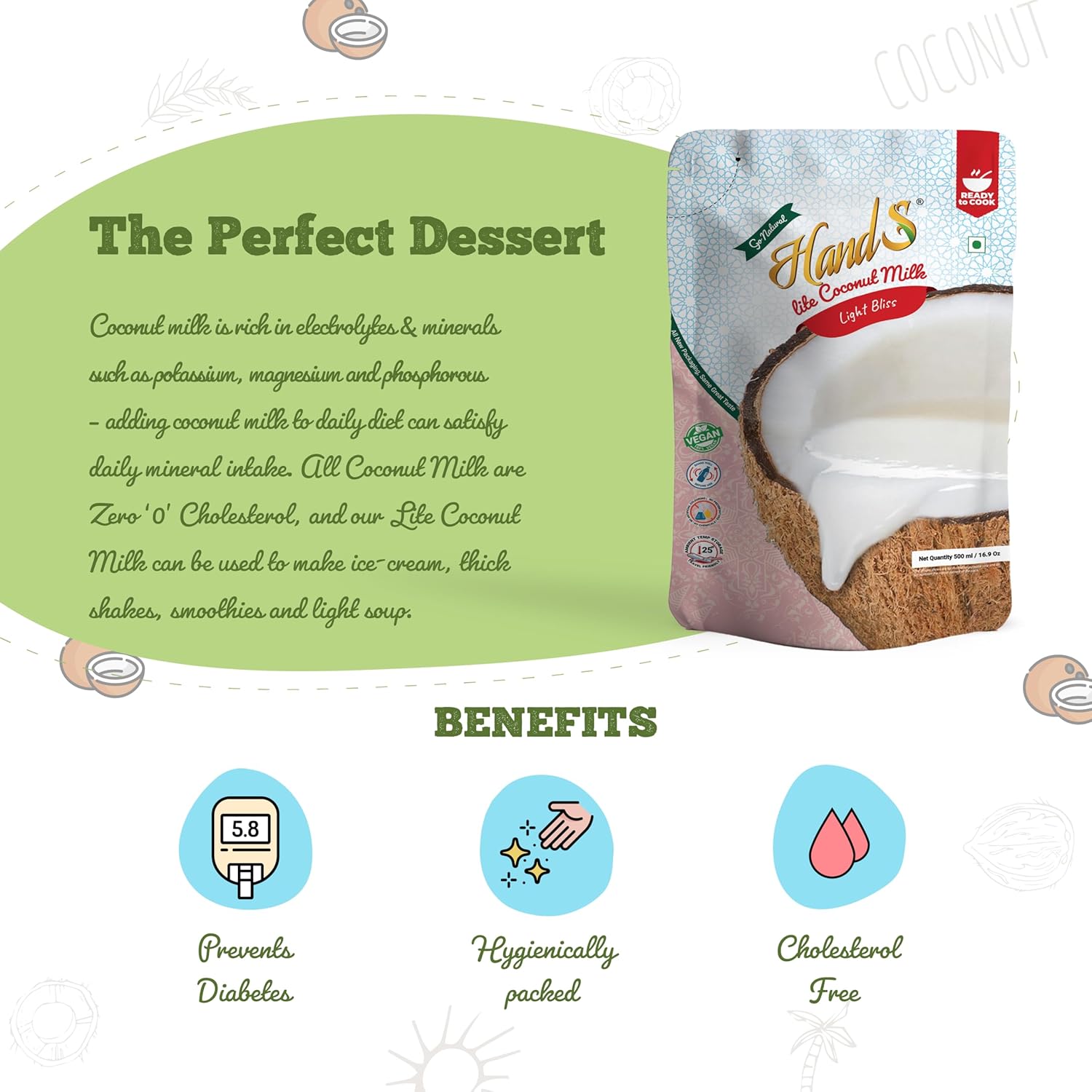 HandS Organic Lite Coconut Milk 12% Fat | Dairy-Free & Plant-Based | Vegan & Keto Friendly | No Preservatives | Ideal for Smoothies, Shakes, Cooking & Baking - 500ml x Pack of 2