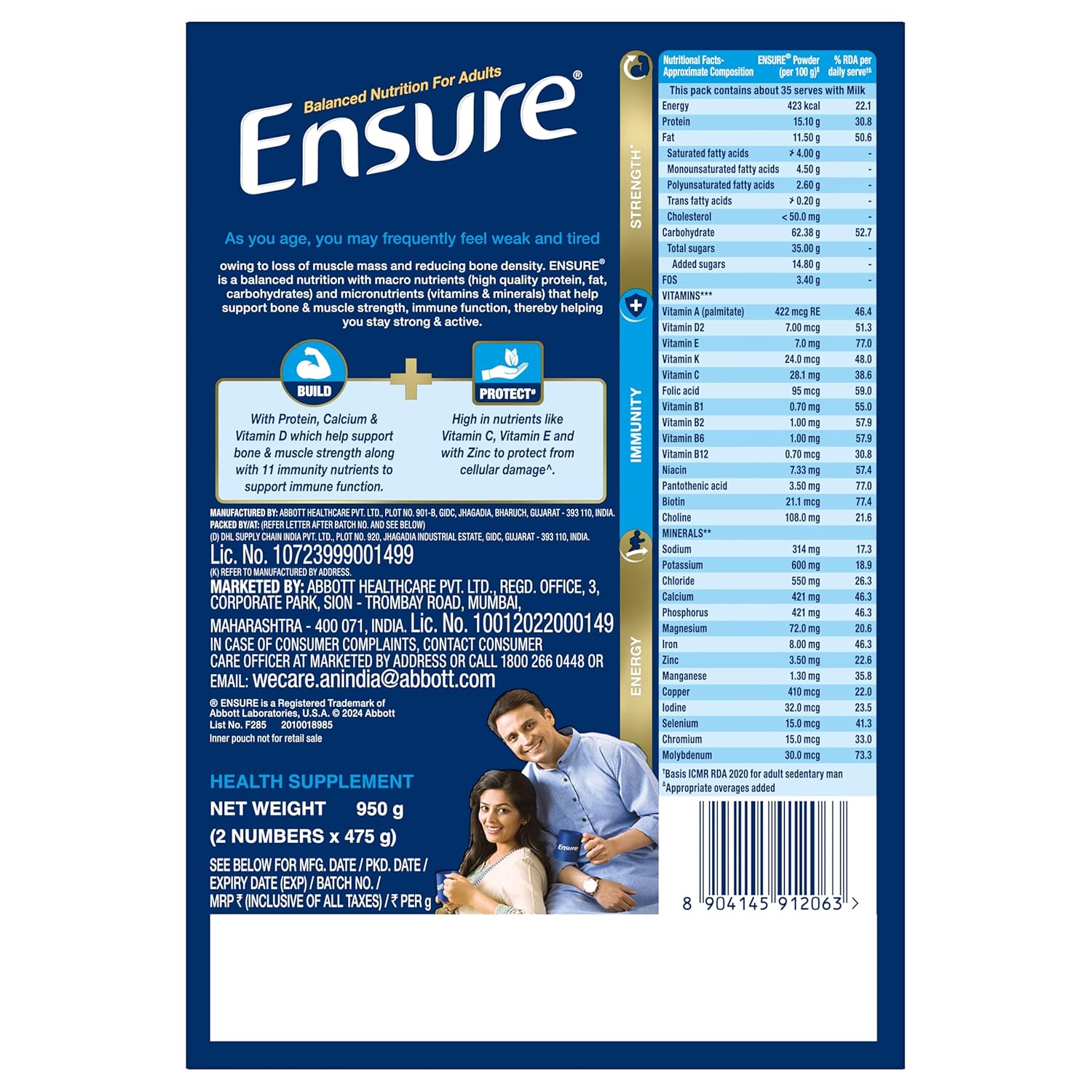 Ensure No 1 Nutritional Supplement Drink in the world, 32 nutrients High Protein,Calcium,Vit D, Vanilla 950g/1kg, Wt may vary, Powder, 1 count, 35 servings