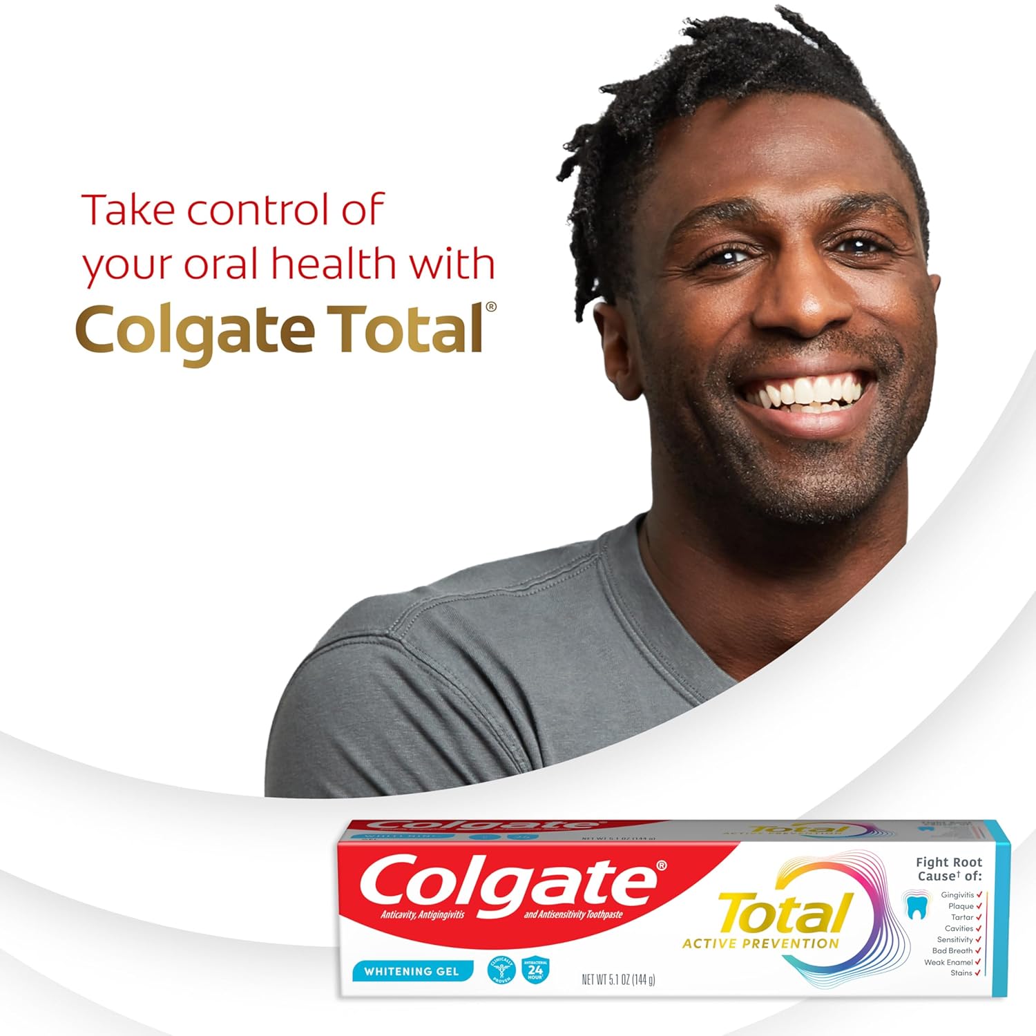 Colgate Total Active Prevention Whitening Gel Toothpaste with Fluoride, Clinically Proven Plaque & Bacteria Protection, Fresh Mint, 5.1 oz Each (Pack of 4)