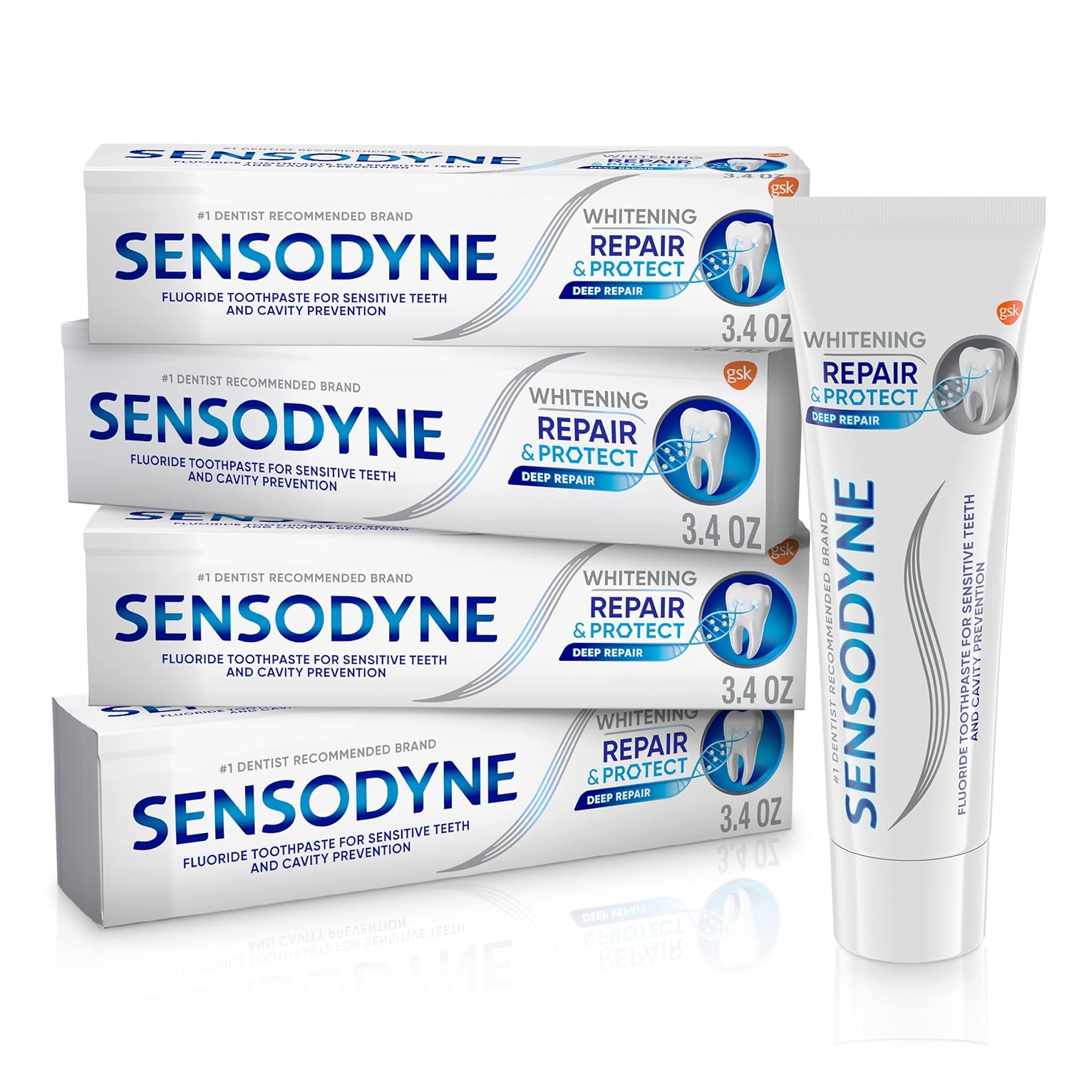Sensodyne Repair & Protect Whitening Toothpaste for Sensitive Teeth & Cavity Protection, Daily Sensitivity Relief, Fluoride Toothpaste, 3.4 oz Each (Pack of 4)