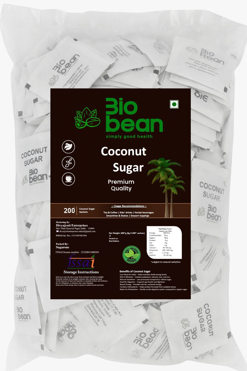 Coconut Sugar, Individual Sachets, Pack of 200