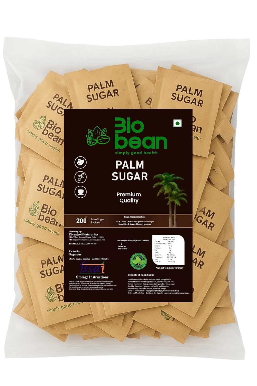 Bio bean Palm Sugar, Individual Sachets – Pack of 200 (0.03 g Each) | Natural Sweetener | Pure & Unrefined | Perfect for Tea, Coffee & Beverages