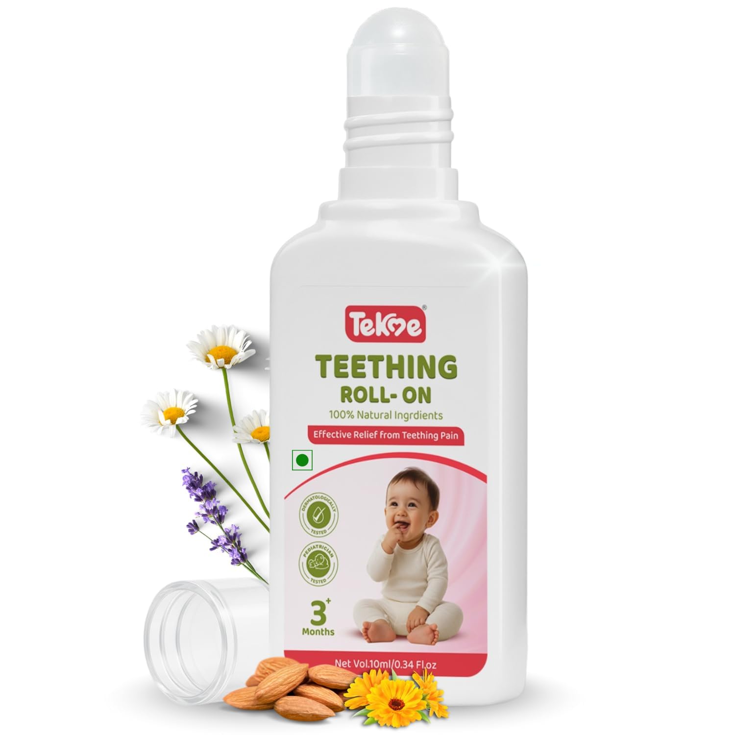Baby Teething Relief Roll-On, Natural Pain Relief for 3 Months+, Ayurvedic with Chamomile, Lavender, Almond & Calendula Oils, 10ml, Pack of 2