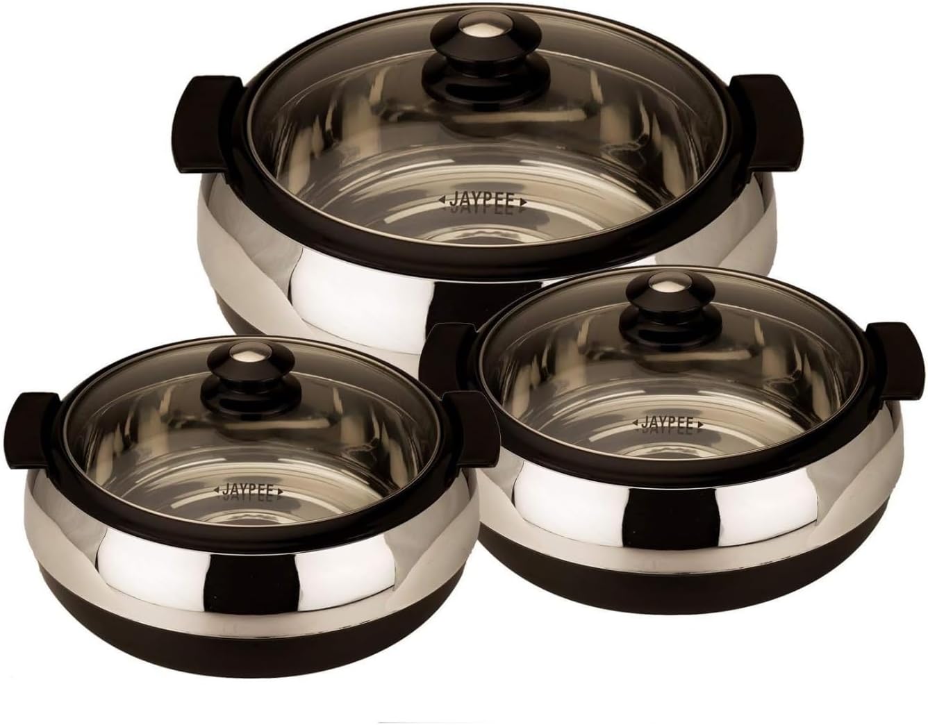 Glasserol Serving Casserole Set, 3 Pieces, Stainless Steel, Glass Lid, 800, 1200, 1700 ml, Black