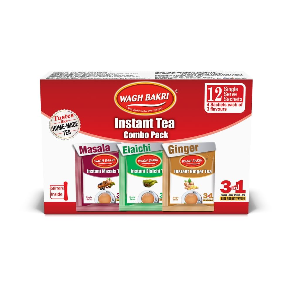 Wagh Bakri Instant Tea Premix – 12 Sachets Variety Pack (Elaichi, Ginger & Masala) | Authentic Indian Chai | Just Add Hot Water | Quick Brew | Travel-Friendly Chai Mix (Pack of 20)